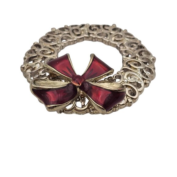 Vtg Wreath Brooch Pin Filigree Red Enamel Bow Pin Christmas Holiday Jewelry - Picture 4 of 11